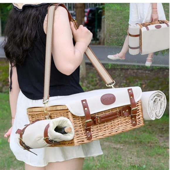Multifunctional Wicker Picnic Basket Set for 2 with Blanket & Picnic Table - Picture 2 of 11